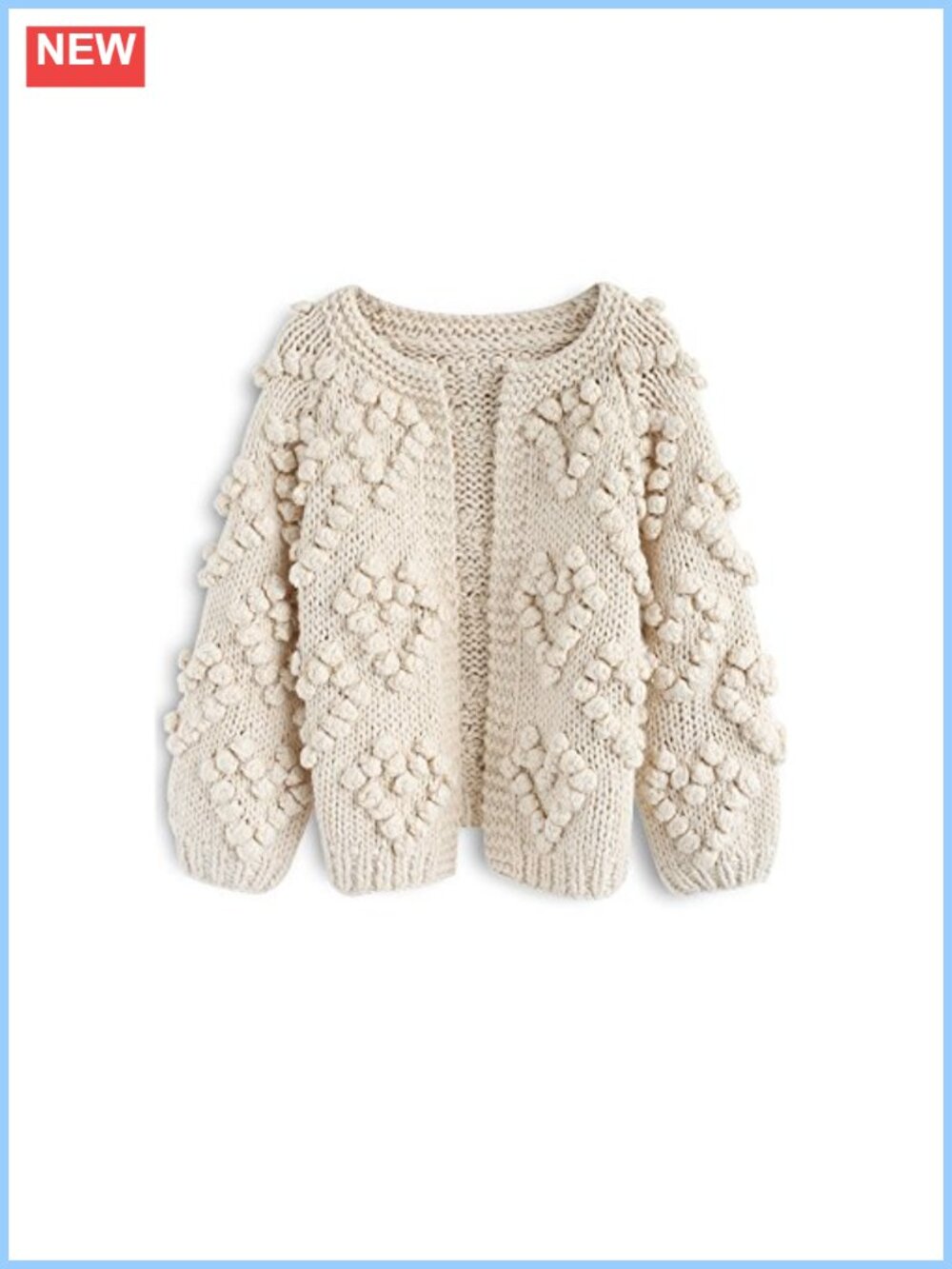 Soft Hand Knit Open Front Cardigan Loose Fit Heart Balls Long Sleeve